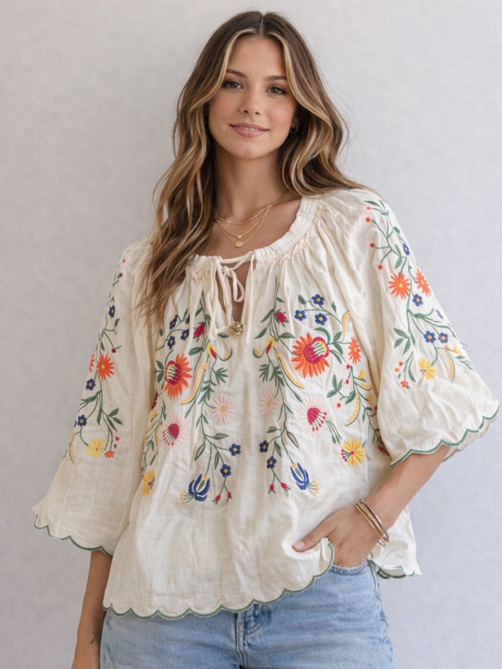 F009. Embroidered Floral Peasant Top oversized   blouse Linen  blend